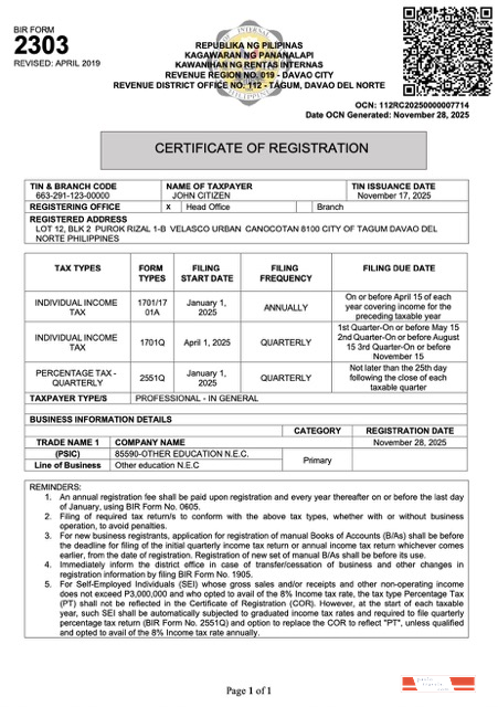 Philippines certificate of registration Word and PDF template, version 3